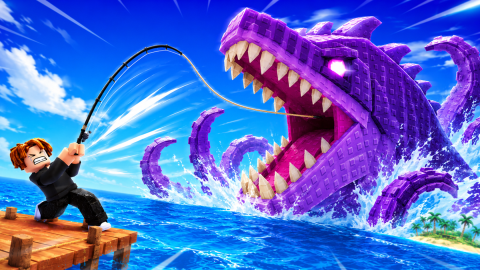 Promotional art: a Roblox angler on a dock strains against a giant purple sea monster with tentacles and a mouth full of teeth