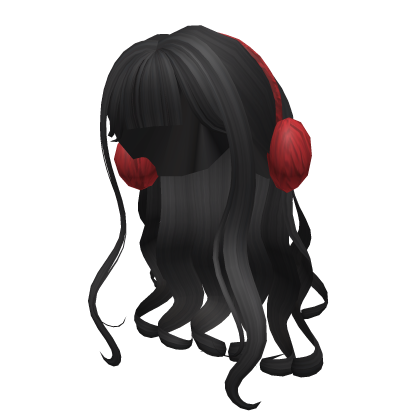 Black Curly Hair with Red Fluffy Earmuffs Roblox item