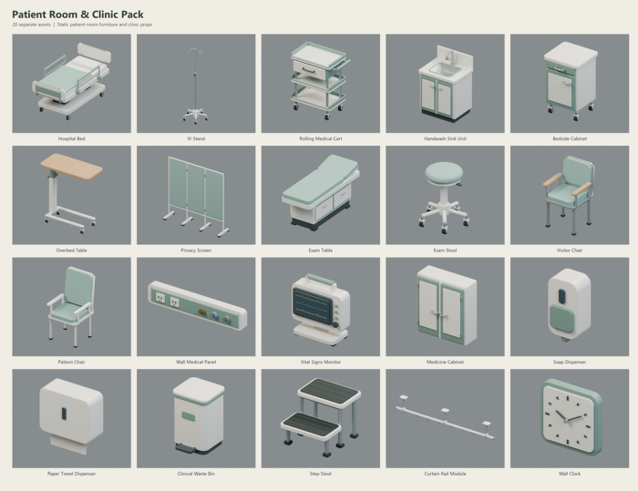 Hospital Patient Room & Clinic Pack | 20 Assets preview 2