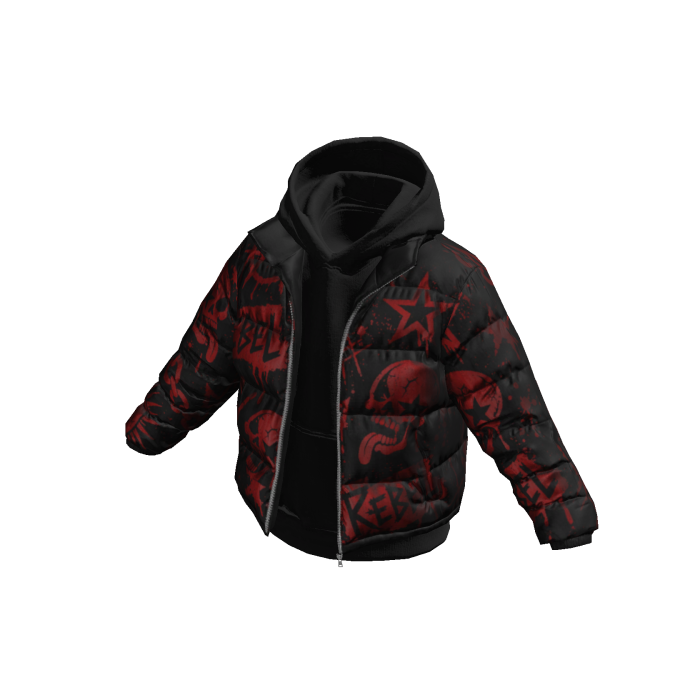 Black Hoodie w Red REBEL Print Black Puffer Jacket
