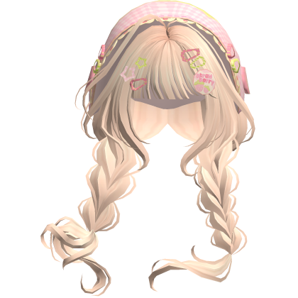 Blonde Mori Kei Igari Braids w Pink & Green Bonnet Roblox item