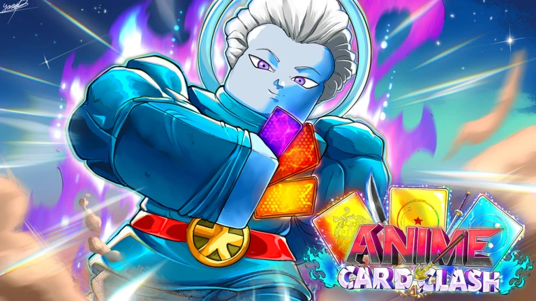 ภาพวาดโปรโมต Anime Card Clash ตัวละครสีฟ้าถือการ์ดพร้อมโลโก้เกม