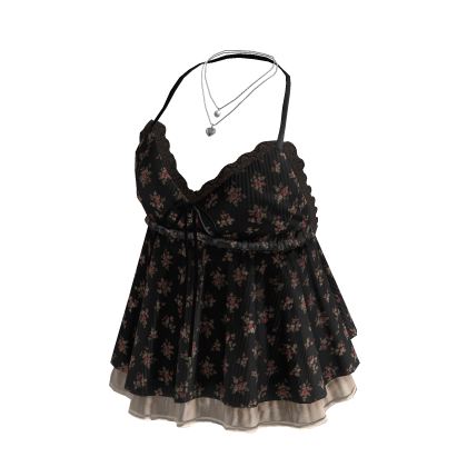 Floral Lace Trim Babydoll Top (Black)