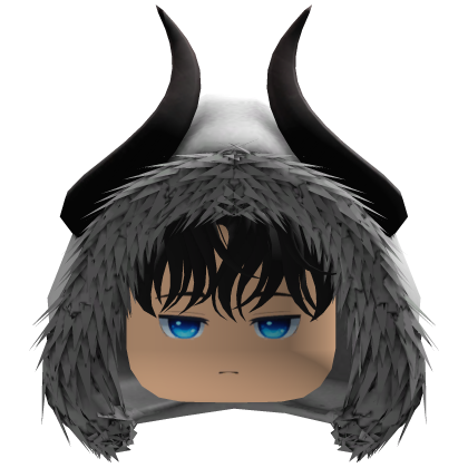 Anime boy messy black hair white hood black horns Roblox item