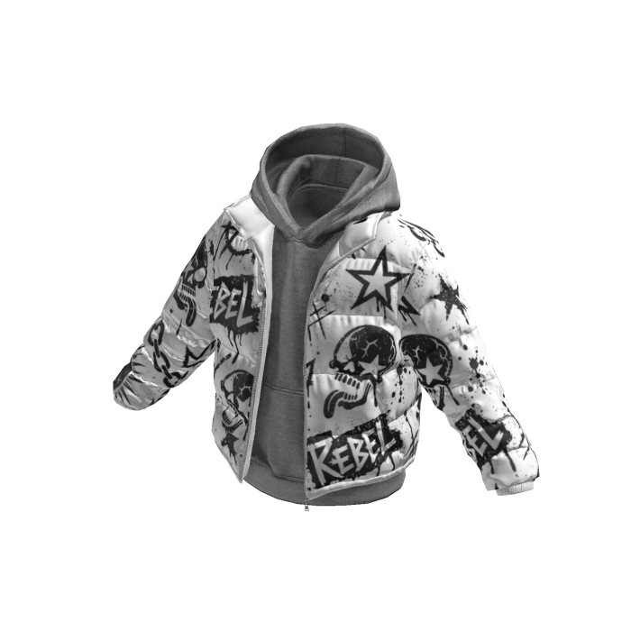 Grey Hoodie w/ REBEL Print White Puffer Jacket