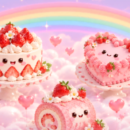 Cute Kawaii Strawberry Cake Pink Background
