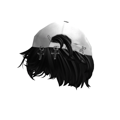 Black Messy Emo Hair w/ Y2K White Distressed Cap  Roblox item