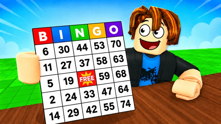 ภาพพรีวิวทางการ 50 Player BINGO: ตัวละคร Roblox ผมสีน้ำตาลยิ้มอยู่หลังโต๊ะและถือการ์ดบิงโกหัวตารางหลายสี โดยมีแก้วสีอ่อนวางอยู่ด้านซ้าย