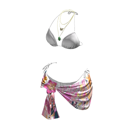 y2k Flower Bikini Wrap w Necklace (White Floral) thumbnail