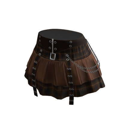 Belted Plaid Pleated Skirt w/ Chains (Brown)