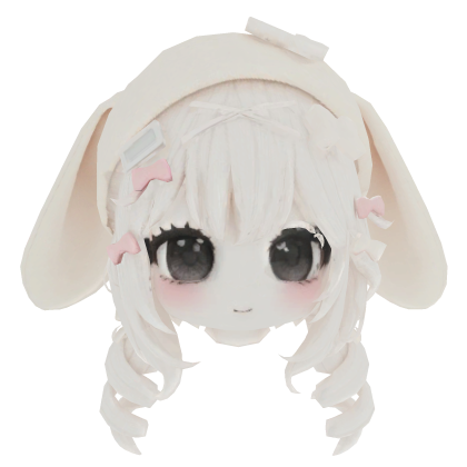 White Kawaii Girl Wavy Hair w/ Bunny hat & Face Roblox item