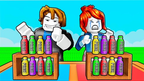 Roblox Guess My Order thumbnail featuring colorful bottles and two avatars