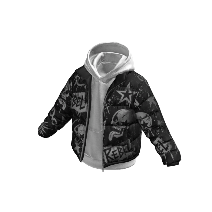 White Hoodie w/ REBEL Print Black Puffer Jacket