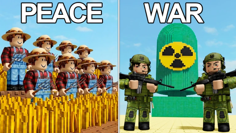 ภาพพรีวิวทางการ Mini War แบบแบ่งครึ่ง: ฝั่ง PEACE มีตัวละครชาวนาอยู่ในแปลงสีเหลือง ส่วนฝั่ง WAR มีตัวละครทหารถือปืนยืนหน้าหอคอยสัญลักษณ์กัมมันตรังสี