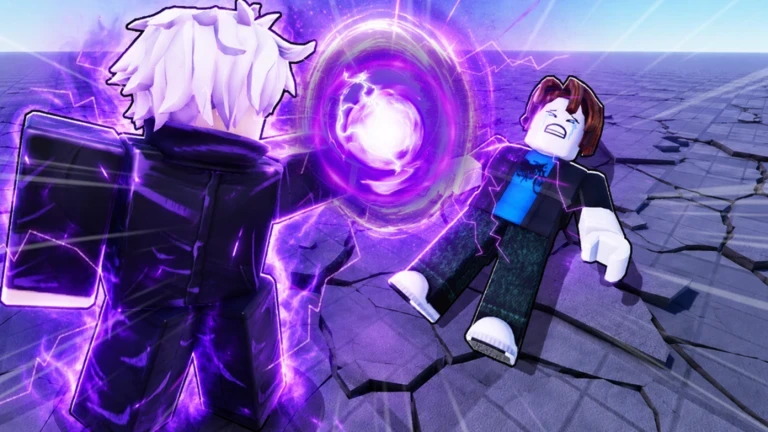 ภาพพรีวิวทางการ Anime Ability Arena: ตัวละครผมขาวชุดสีม่วงสร้างลูกพลังสีม่วงไปทางตัวละครที่ล้มอยู่