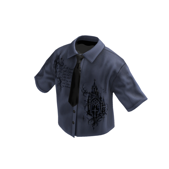 Blue Graffiti Grunge Cropped Shirt W Tie & Collar