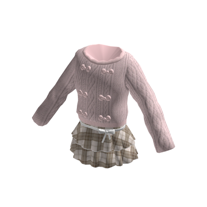Coquette Pink Bow Sweater Plaid Skirt Brown Outfit