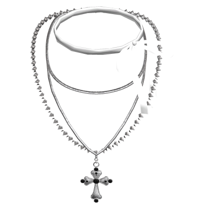 Emo White Ribbon + Cross Silver Layered Necklace