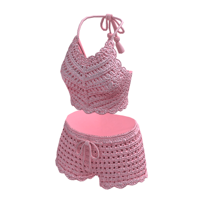 Y2K Crochet Halter Top & Shorts Set (Pink)