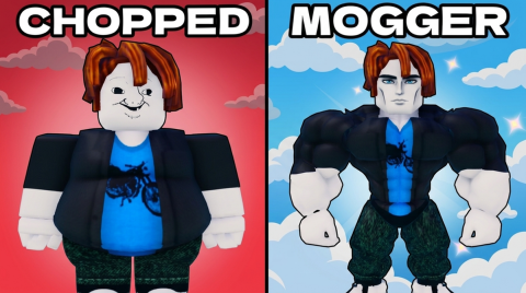 Promotional art: on the left a chubby Roblox character with a crooked grin under the word CHOPPED on a red background; on the right a muscular character under the word MOGGER against a blue sky