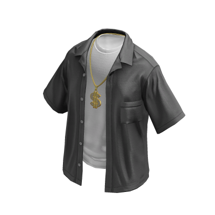 Unbuttoned Grey White Shirt Gold Dollar Chain