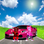 lIyah and lisa backs to pink car