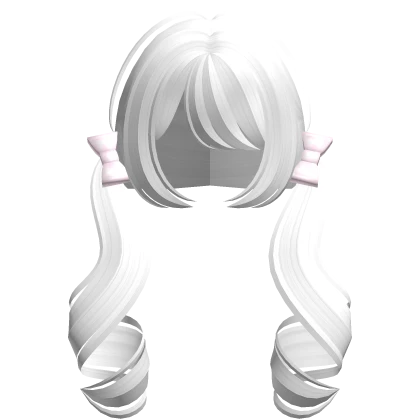 ♡꒰ low white curly pigtails w/ pink bows Roblox item render