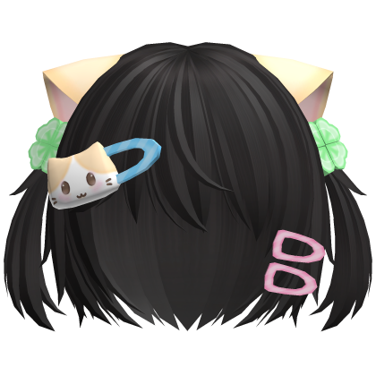 ♡ kawaii short dark cat hair w pigtails n clips