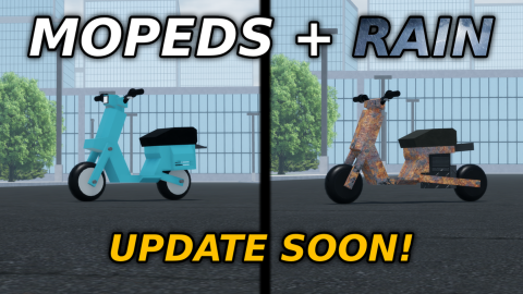 Event art for Mopeds + Rain: a light blue moped and a rusty moped parked side by side in front of a glass building, under the words MOPEDS + RAIN and UPDATE SOON!