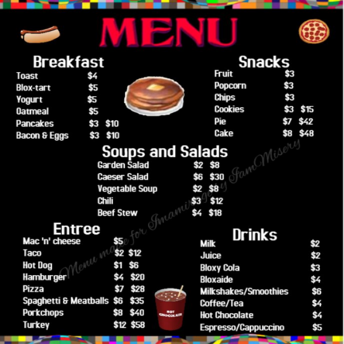 Bloxburg Menu (New Food Items) Roblox decal
