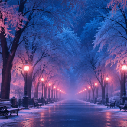Snowy Winter Park Pink Lights Pretty Background