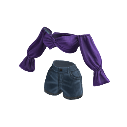 Bow Sleeve Denim Shorts Outfit (Purple) thumbnail