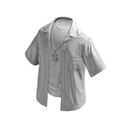Unbuttoned White Plaid Shirt w Silver Dollar Chain thumbnail