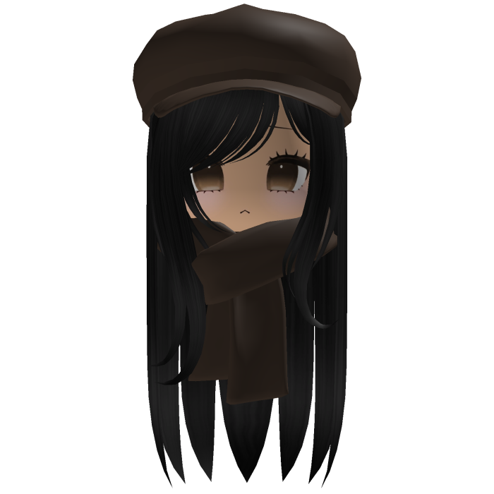 Cozy Cute Fall Girl Black Hair w/ Brown Cap Scarf