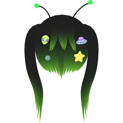 Cute Alien Girl Hair w Stickers - Black Green Roblox item