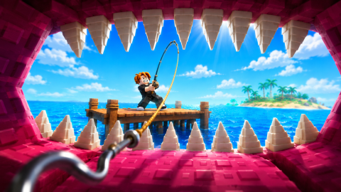 Promotional art: view from inside a giant pink fish mouth lined with teeth, looking out at a Roblox angler reeling on a wooden pier