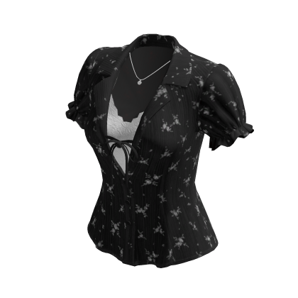 Star Print Puff Sleeve Blouse (Black)