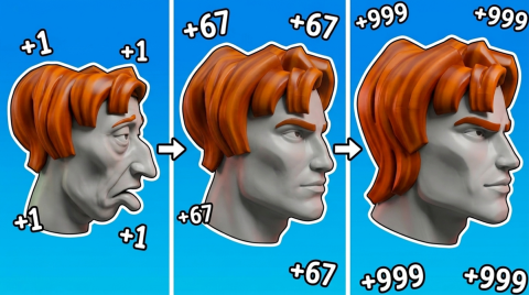 Promotional art: three blue panels show the same orange-haired sculpted head improving from droopy to sharp-jawed, with +1, then +67, then +999 floating around it and arrows between the panels