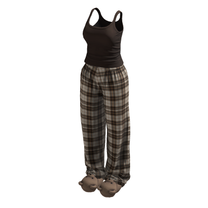 Stylish Brown Plaid Pyjama Set w Bear Slippers