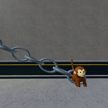 Monkey chained to street lamp.
