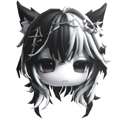 black and white hair emo girl head w/ ear & face Roblox item