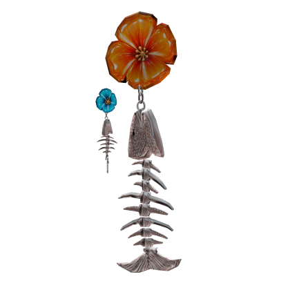 Orange Flower Silver Crystal Fishbone Earrings
