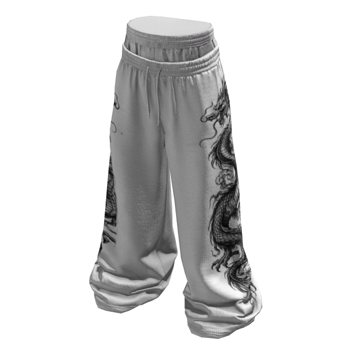 Sagging White Sweatpants w/ Black Dragon Print