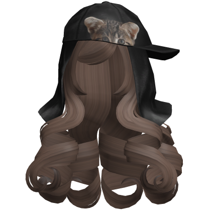 🐈 Long Curly Dark Brown Hair with Black Kitty Cap Roblox item