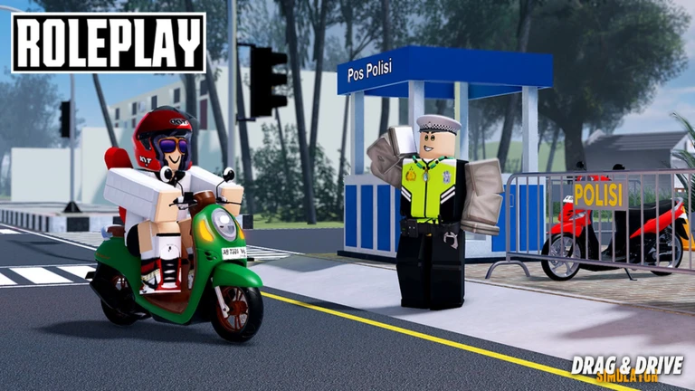 ภาพพรีวิวทางการ Drag Drive Simulator: ตัวละครสองคนนั่งรถสกู๊ตเตอร์สีเขียวอยู่ข้างตัวละครตำรวจหน้าป้อมตำรวจ มีรถจักรยานยนต์อีกคันหลังรั้วและข้อความ ROLEPLAY ด้านบน