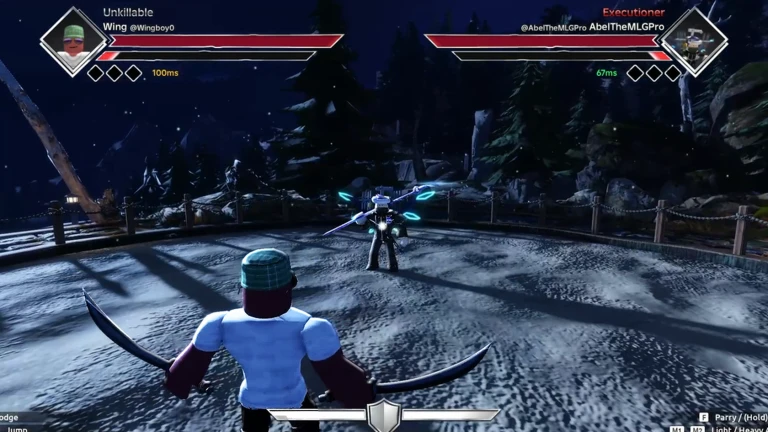 ภาพเกมเพลย์ทางการ Dueling Grounds แสดงผู้เล่นถือธนูในลานกลางคืน