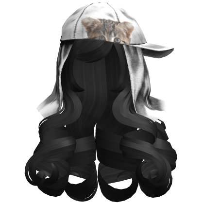 🐈 Long Curly Jet Black Hair w White Kitty Cat Hat Roblox item