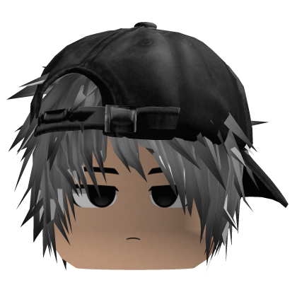 messy anime hair with a serious, hat y2k emo gray Roblox item