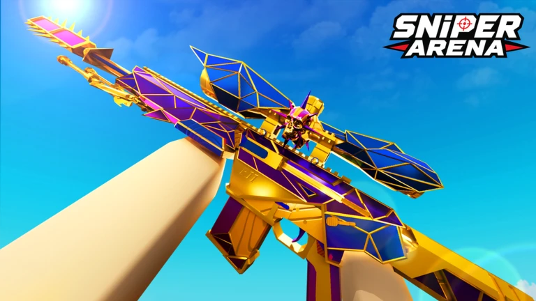 ภาพทางการ Sniper Arena แสดงสไนเปอร์ทรงเรขาคณิตสีม่วง น้ำเงิน และทอง