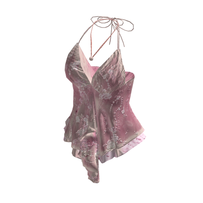 Coquette Satin Lace Cami Top w/ Necklace (Pink)